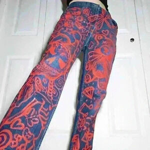 Y2K punk grunge dark wash jeans size 32 with hand painted red joker & teddy bear